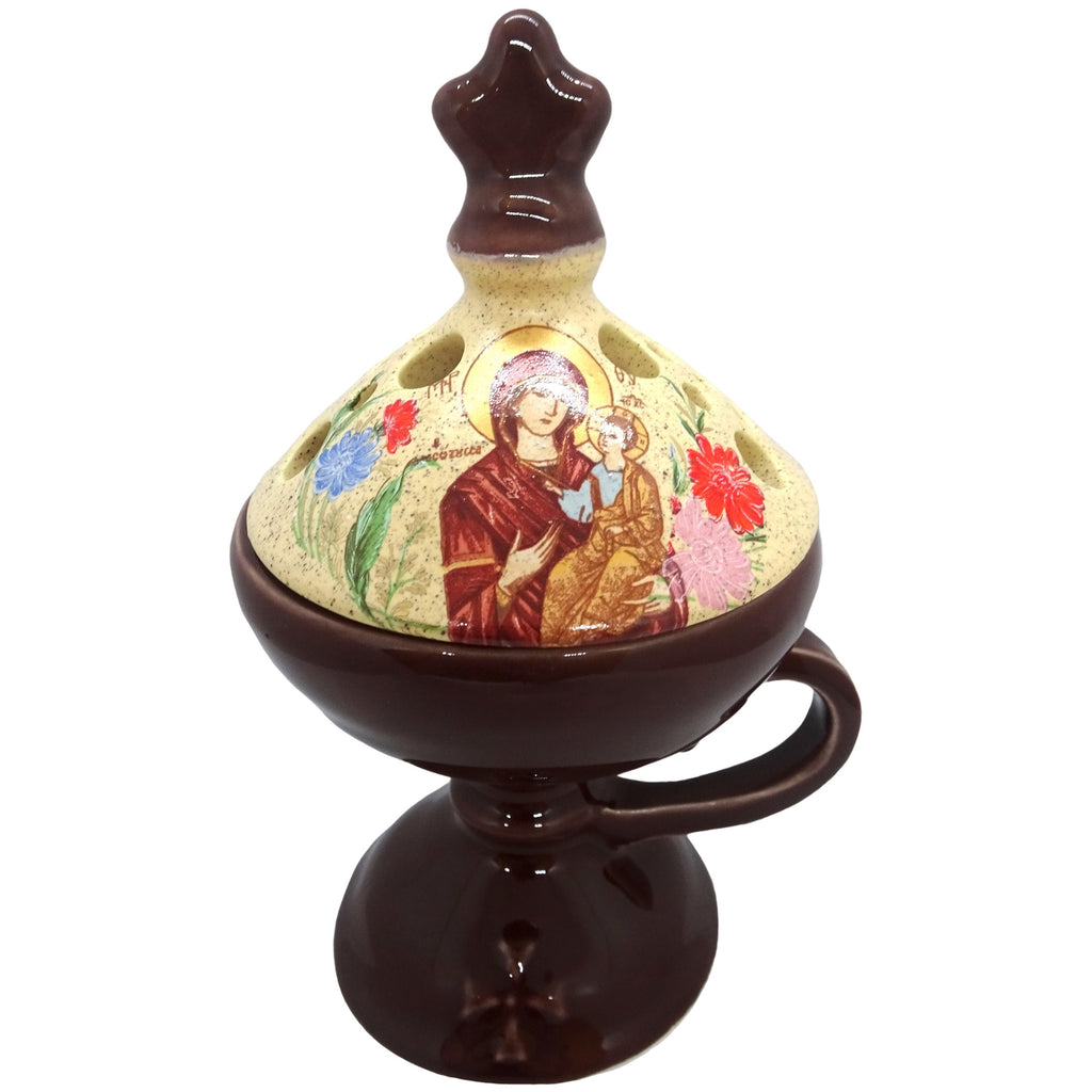 Brown Color Floral Incense Burner Orthodox Censer with Top Cover - anastasisgiftshop.com