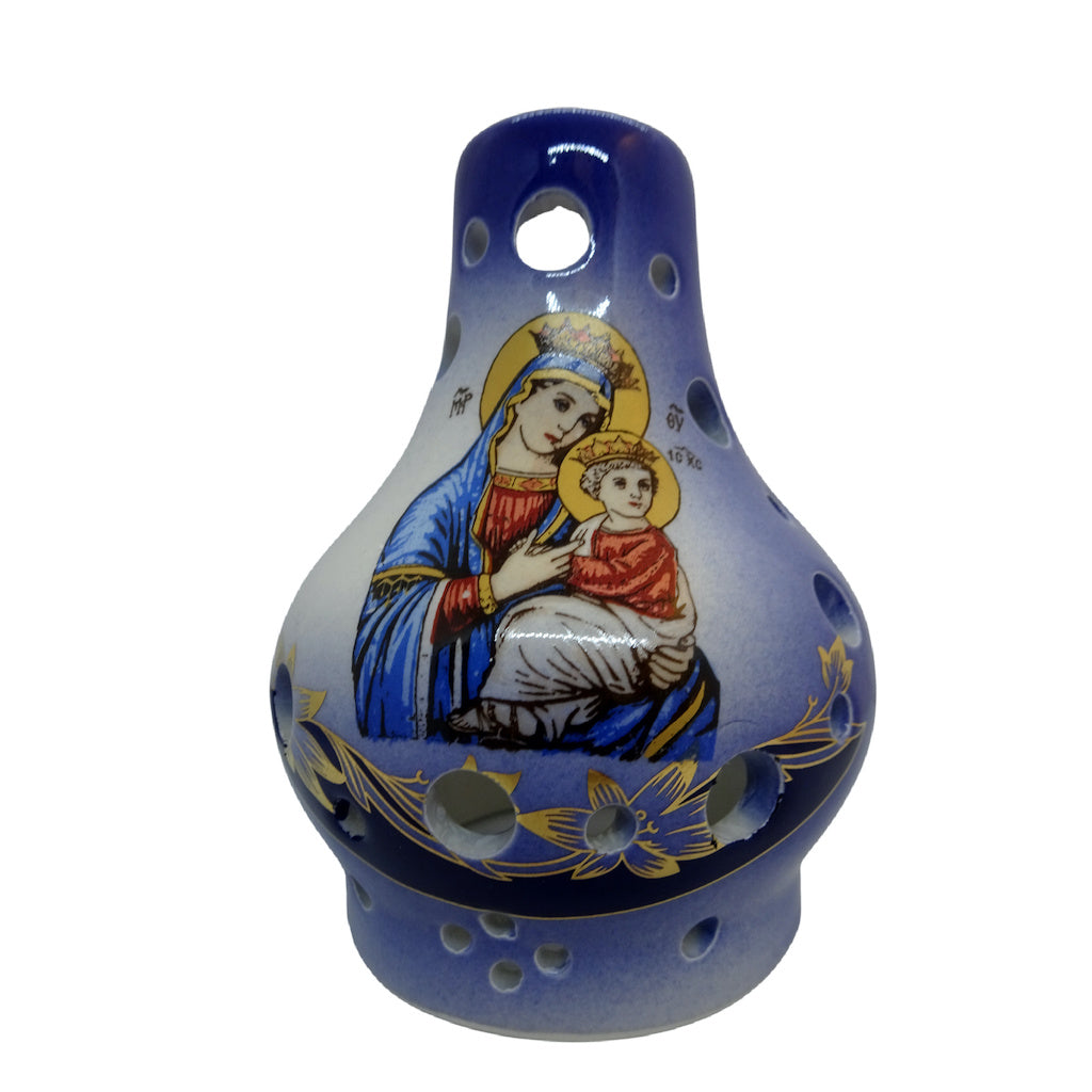 Greek Orthodox Ceramic Vigil Oil Lamp with Icon of Theotokos - anastasisgiftshop.com