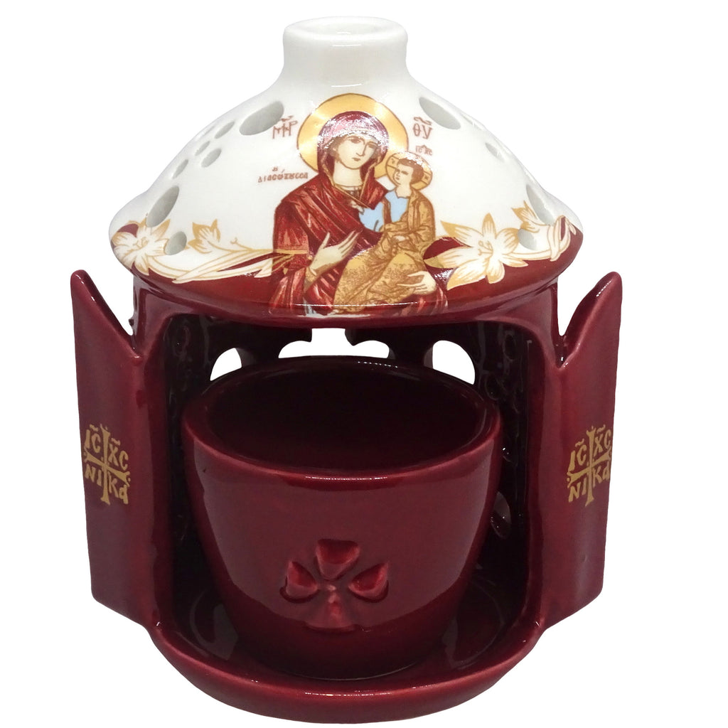 Greek Orthodox Ceramic Vigil Lamp with the image of the Holy Theotokos in Burgundy Color - anastasisgiftshop.com