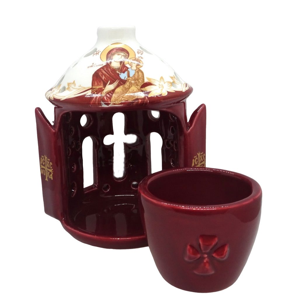 Greek Orthodox Ceramic Vigil Lamp with the image of the Holy Theotokos in Burgundy Color - anastasisgiftshop.com