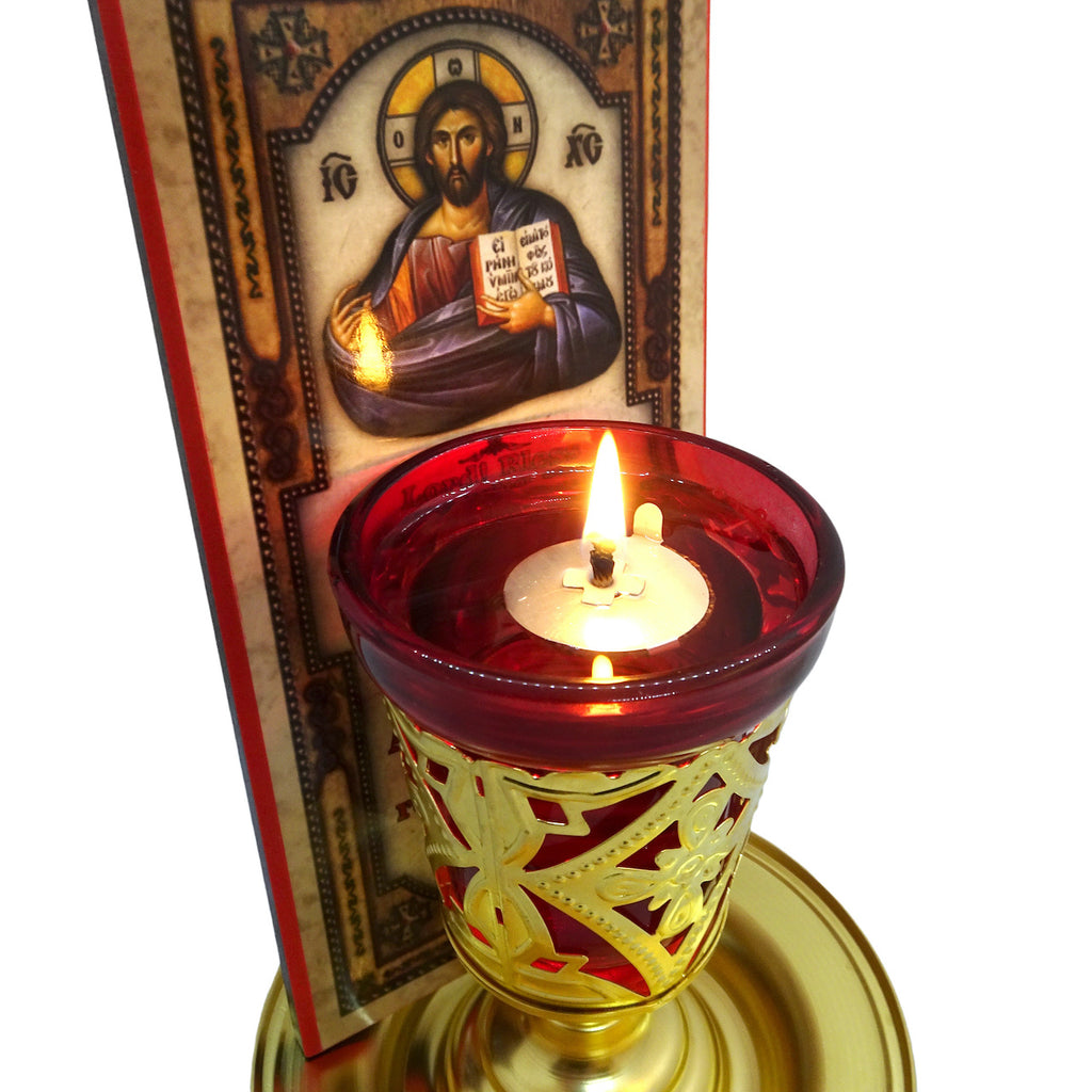 Greek Orthodox Brass Vigil Lamp with Wooden Icon of Jesus Christ and Home Blessing Prayer - anastasisgiftshop.com