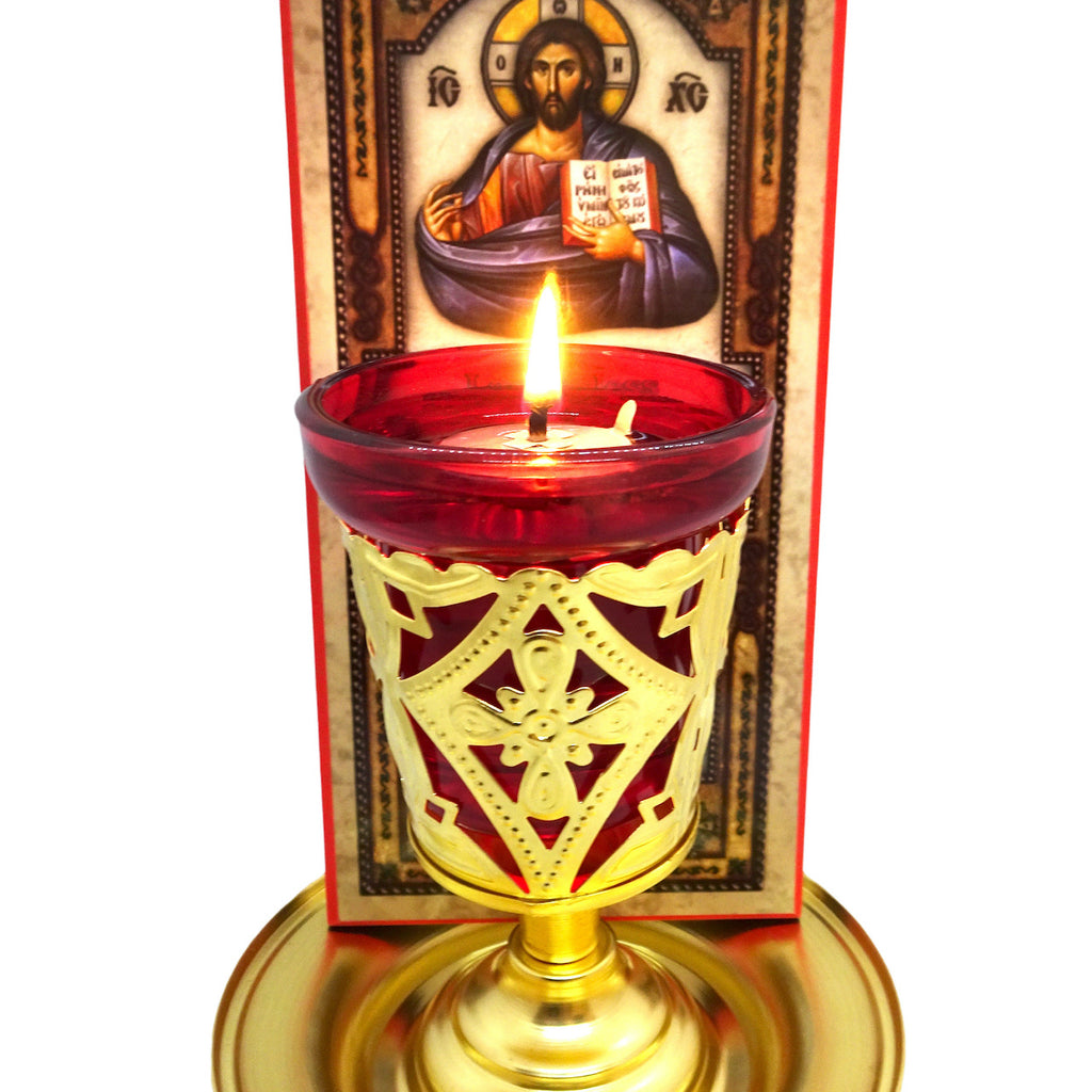 Greek Orthodox Brass Vigil Lamp with Wooden Icon of Jesus Christ and Home Blessing Prayer - anastasisgiftshop.com