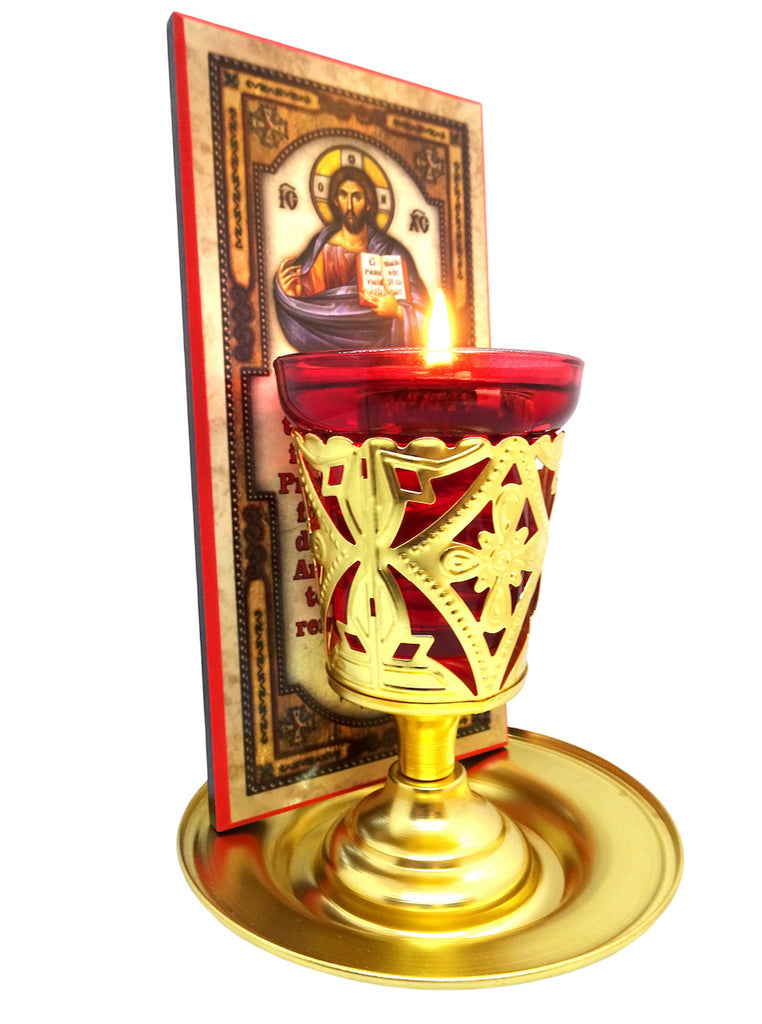 Greek Orthodox Brass Vigil Lamp with Wooden Icon of Jesus Christ and Home Blessing Prayer - anastasisgiftshop.com