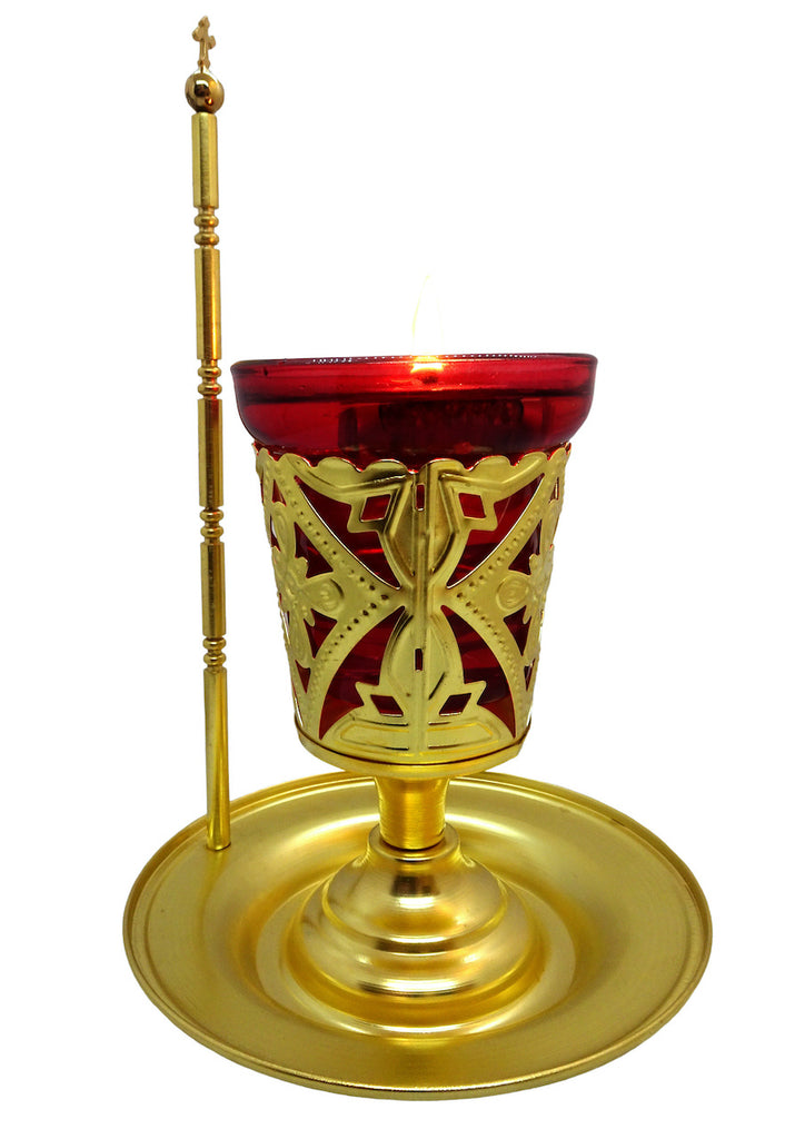 Greek Orthodox Brass Vigil Lamp with Wooden Icon of Jesus Christ and Home Blessing Prayer - anastasisgiftshop.com