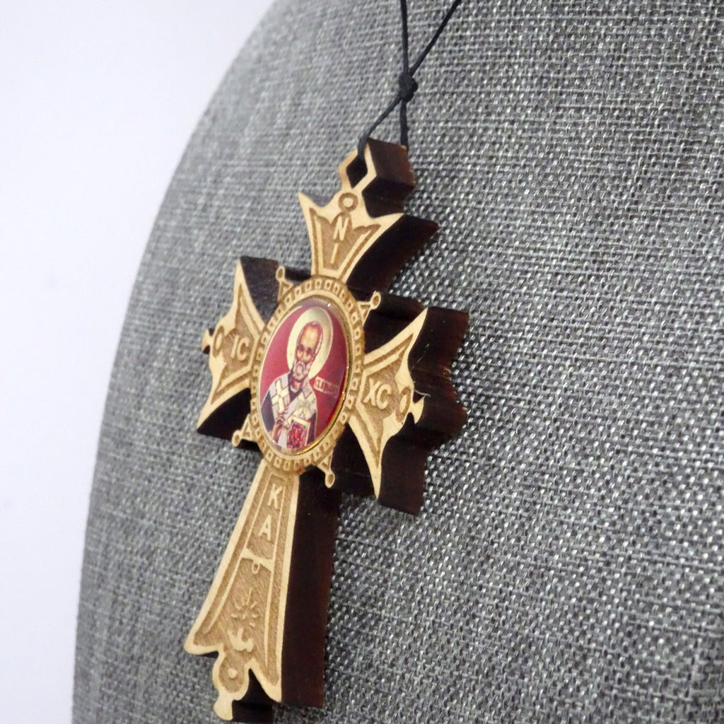 Orthodox Wood Cross Ornament with Icon of St Nicholas - anastasisgiftshop.com