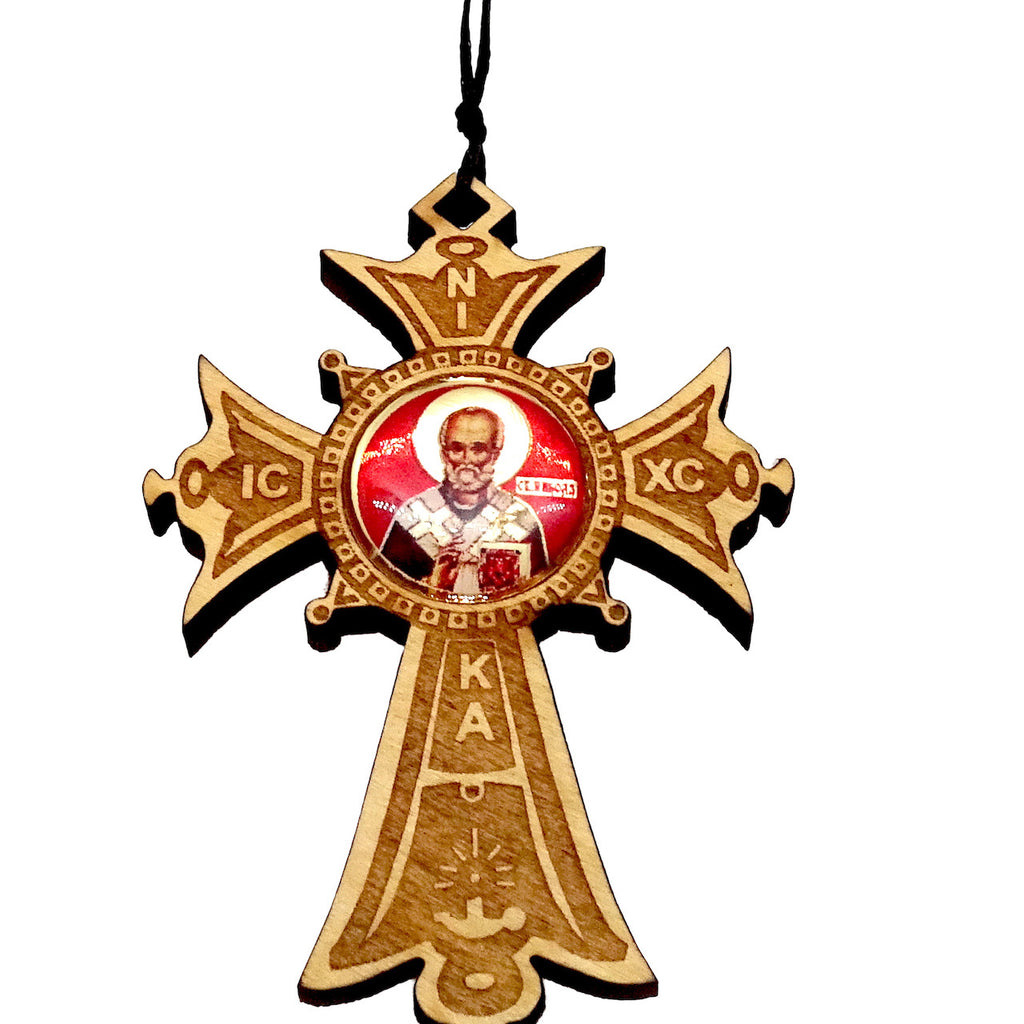 Orthodox Wood Cross Ornament with Icon of St Nicholas - anastasisgiftshop.com