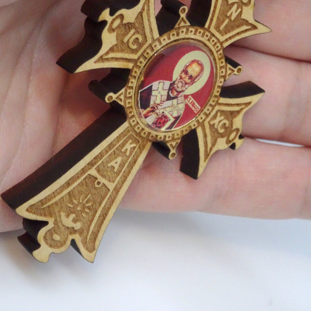 Orthodox Wood Cross Ornament with Icon of St Nicholas - anastasisgiftshop.com