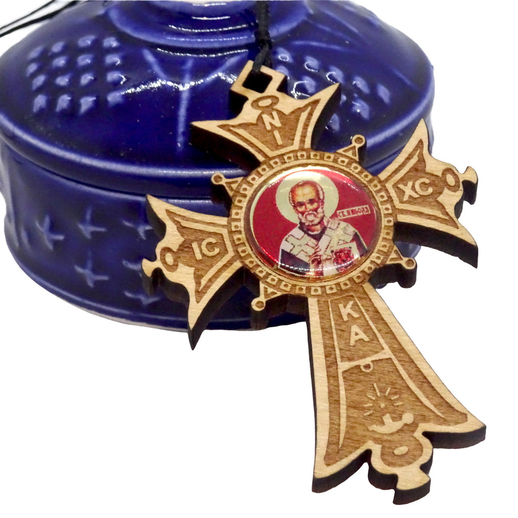 Orthodox Wood Cross Ornament with Icon of St Nicholas - anastasisgiftshop.com