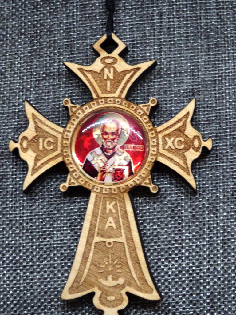 Orthodox Wood Cross Ornament with Icon of St Nicholas - anastasisgiftshop.com