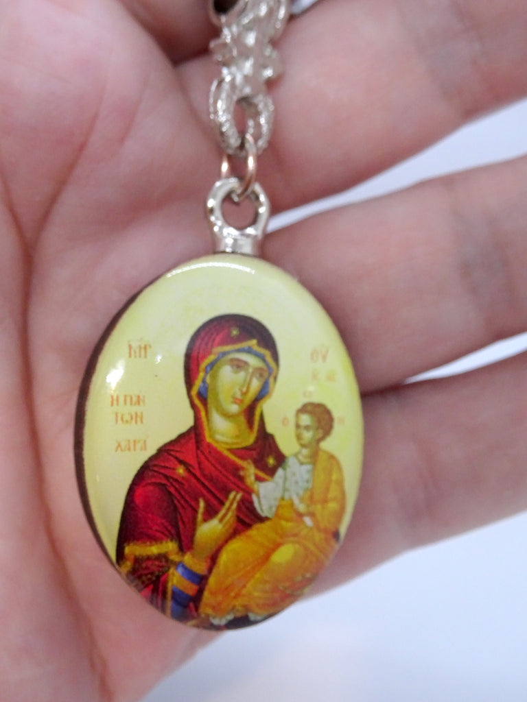 Wooden Keychain with Greek Orthodox Icon Pendant and Cross - anastasisgiftshop.com