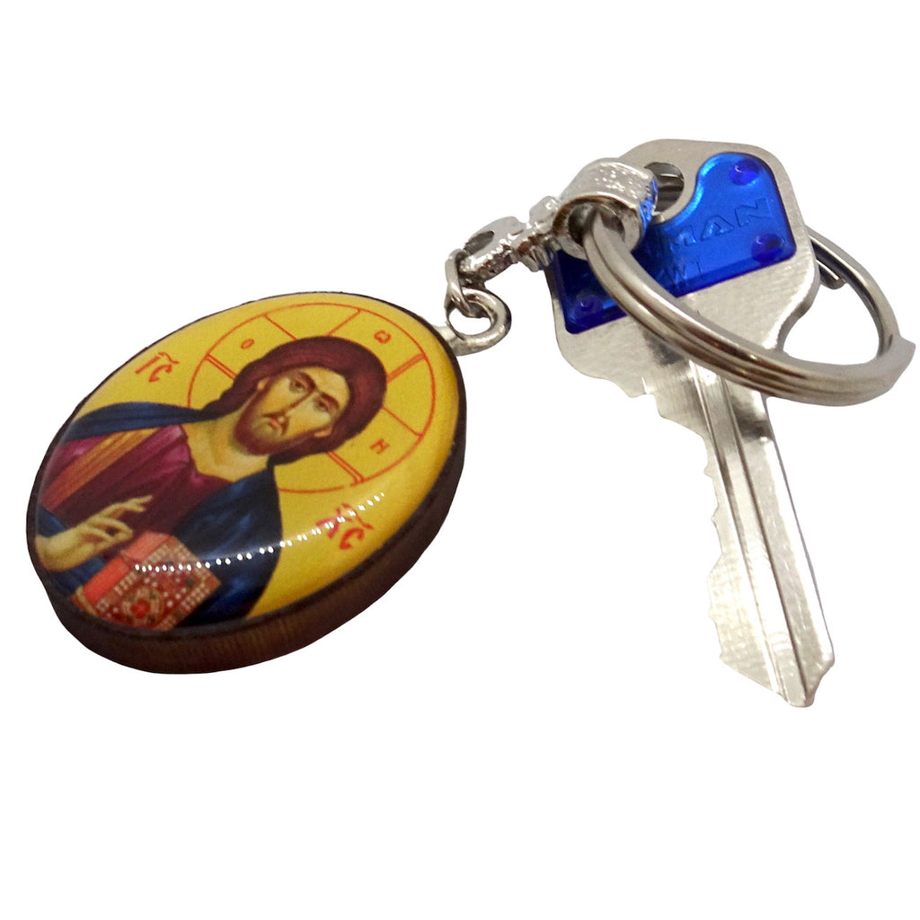 Wooden Keychain with Greek Orthodox Icon Pendant and Cross - anastasisgiftshop.com