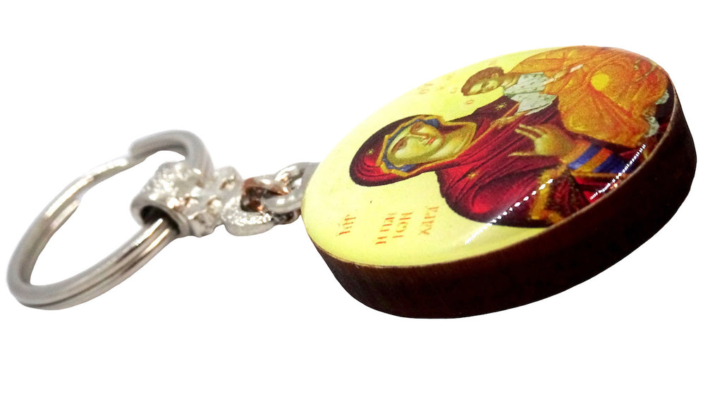 Wooden Keychain with Greek Orthodox Icon Pendant and Cross - anastasisgiftshop.com