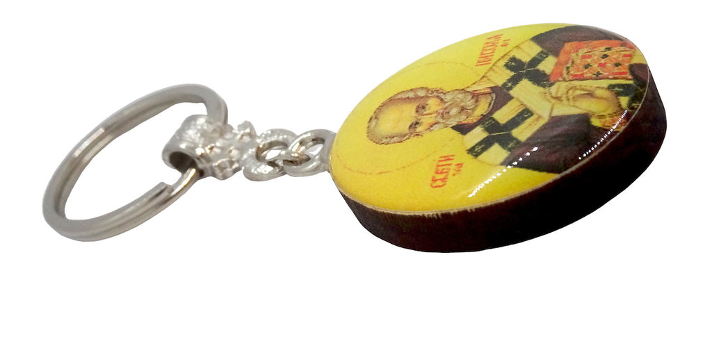 Wooden Keychain with Greek Orthodox Icon Pendant and Cross - anastasisgiftshop.com