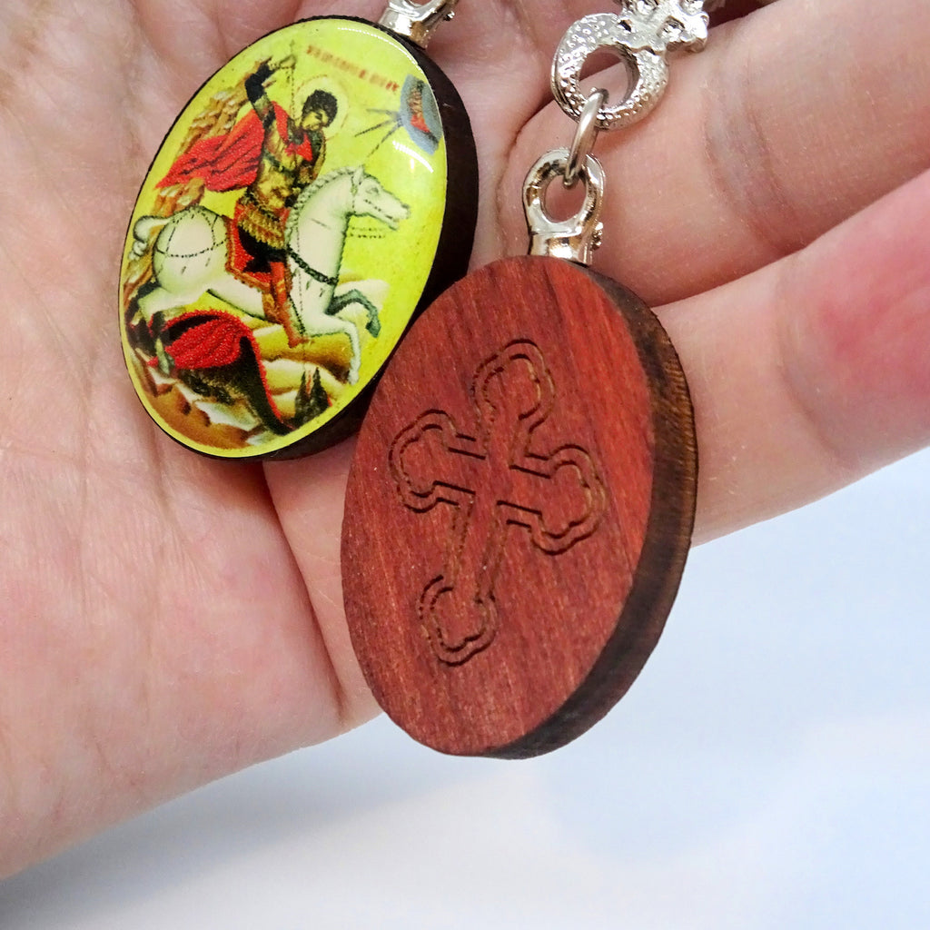 Wooden Keychain with Greek Orthodox Icon Pendant and Cross - anastasisgiftshop.com