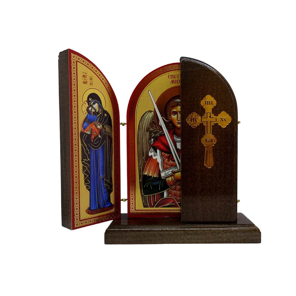 Saint Archangel Michael Orthodox Wooden Triptych with the Orthodox Byzantine Icons of Jesus Christ and Holy Theotokos - anastasisgiftshop.com