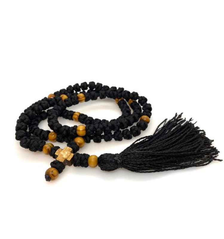 100 knots black prayer rope with dark brown wooden beads Orthodox Christian  gift